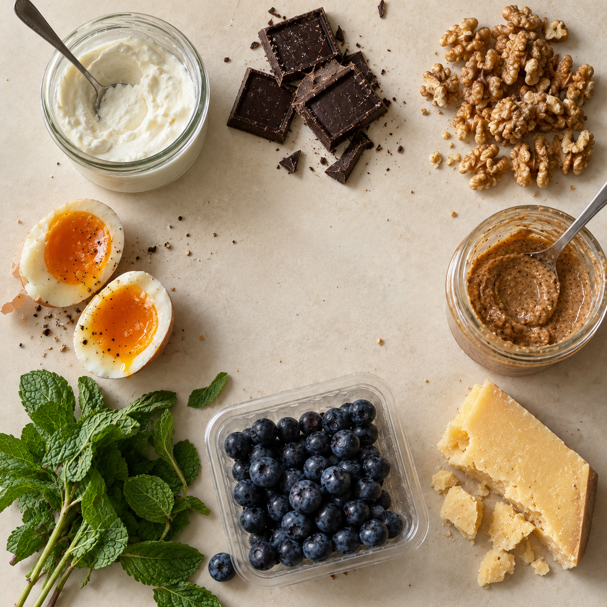 A flat lay of savoury snacks: nuts, seeds and vegetables
