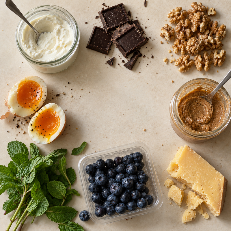 A flat lay of savoury snacks: nuts, seeds and vegetables