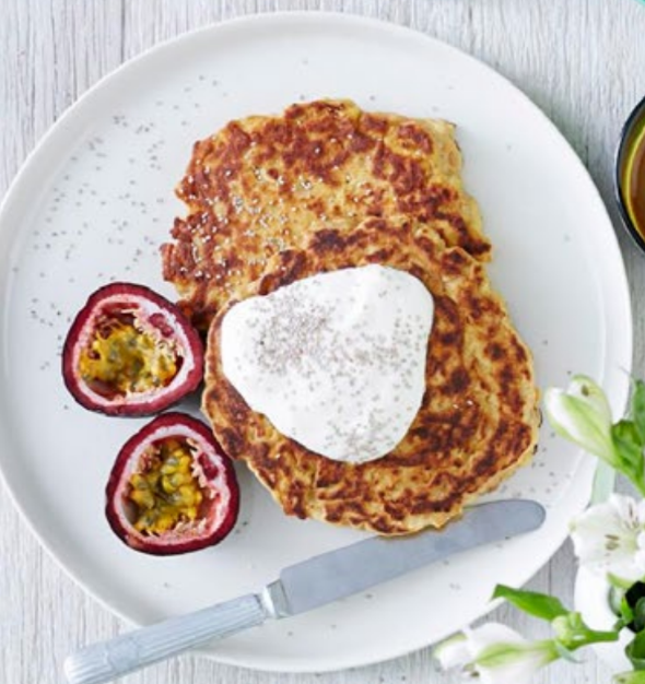 Sweet Potato Ricotta Hotcakes  with Passionfruit