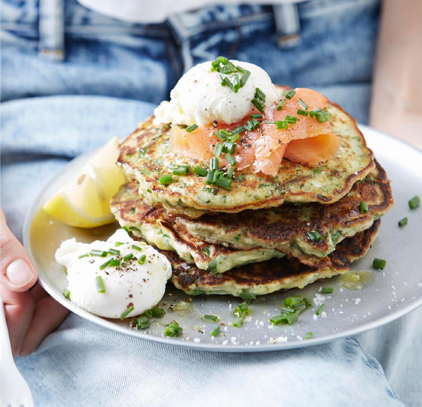 Chive, Kale + Parmesan  Savoury Pancakes with Poachies