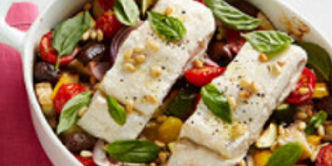 Baked Fish on Roasted Caponata