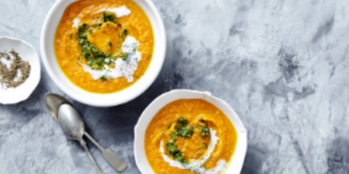 Turmeric Roast Carrot Soup With Egg Topper
