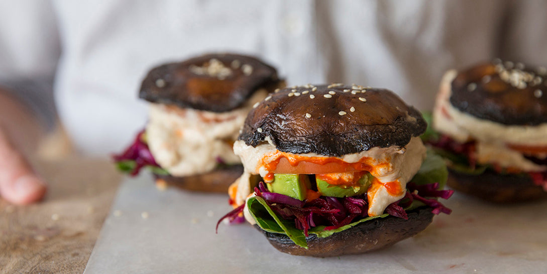 Portobello Burgers with Beetroot + Almond Hummus