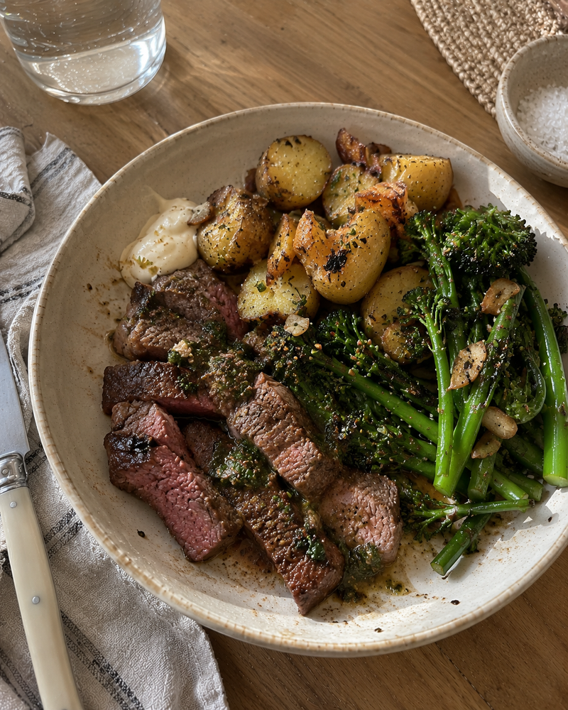 A steak dinner served with roasted vegetables