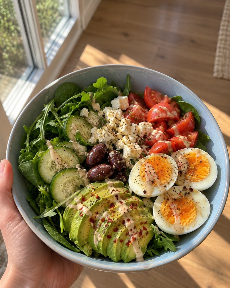 A Mediterranean salad bowl in morning sunlight