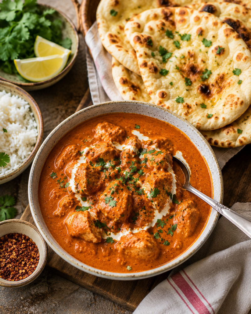 A homemade chicken curry served with naan bread